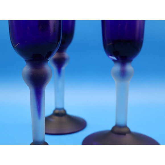 Set Of 3 Cobalt Blue Fluted Glass with Flat Rim Frosted Stem Art Decor. - Picture 6 of 11